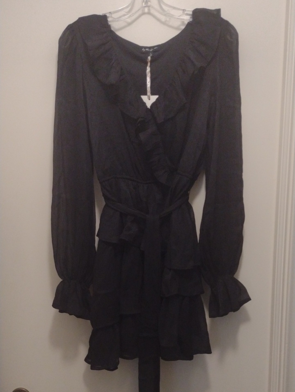 By The River Ruffled Long Sleeve Black Dress with Waist Tie (J1161)